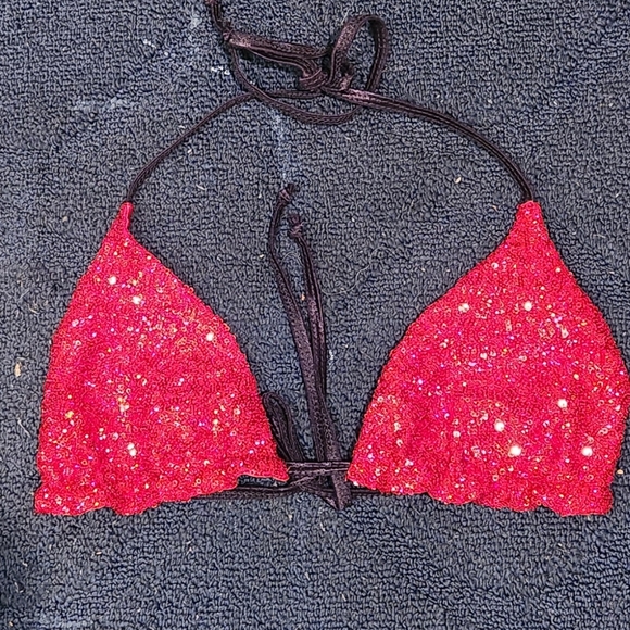 Roses of yellow &red high waisted bottoms sequins bikini top. - Picture 4 of 8